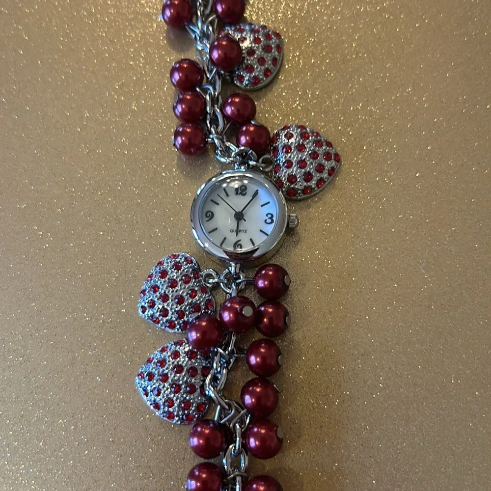 Quartz Watch Bracelet with Red Beads & Hearts on Silver Chain; Watch not working